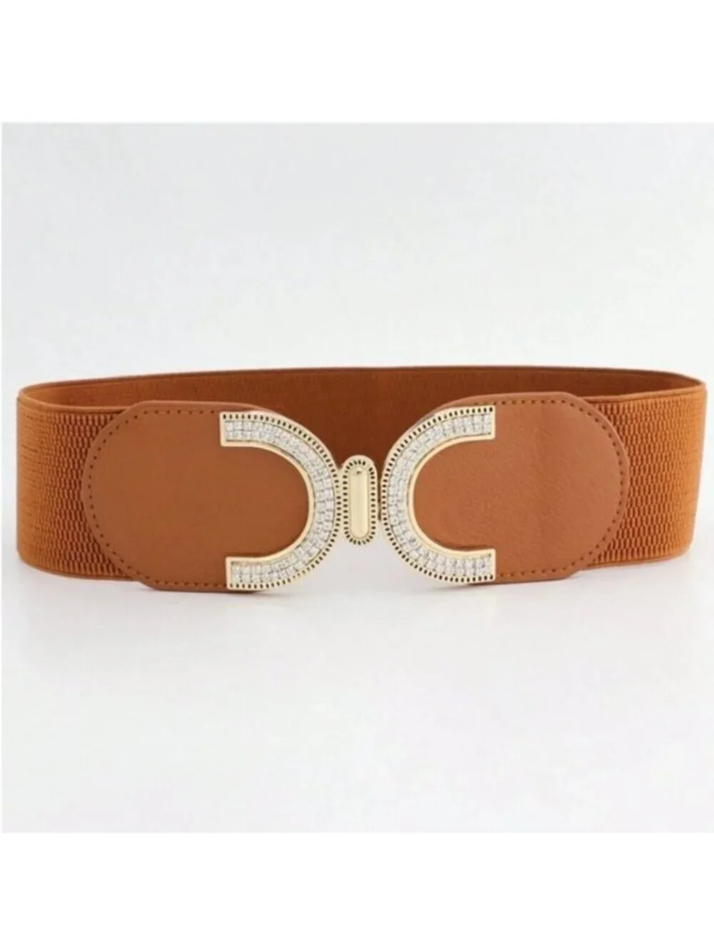 Rhinestone Buckle With Elastic Waist Belt Brown